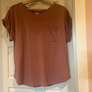 Mauve pink, size large, dressy T-shirt.  Matches pants in closet.  A new day.